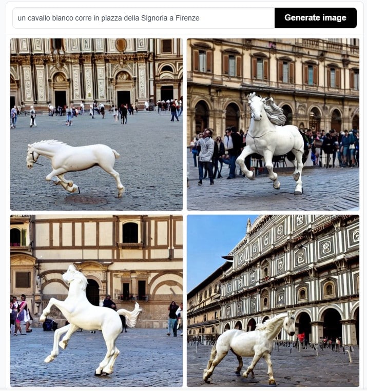 Immagine finta; Stable diffusion; cavallo bianco; Piazza Signoria;