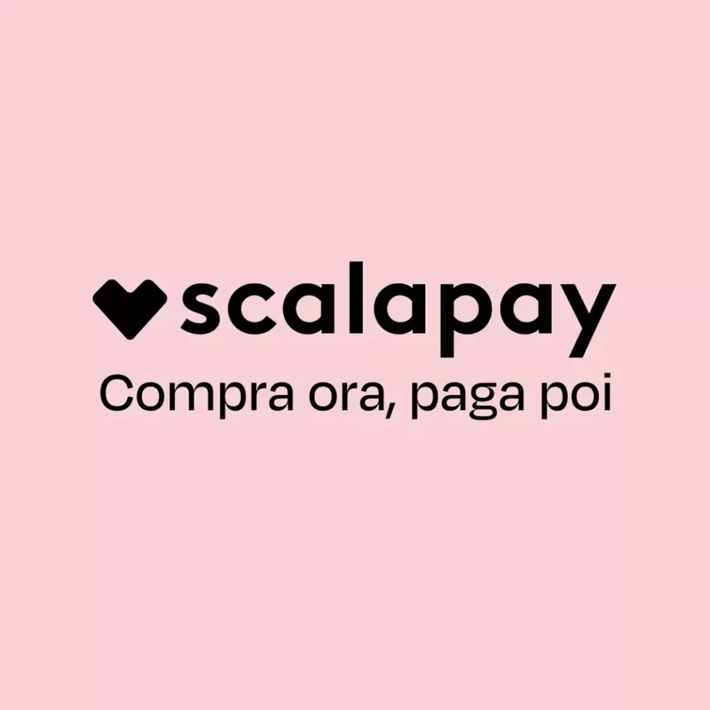 Logo Scalapay; ecommerce; nero su sfondo rosa;