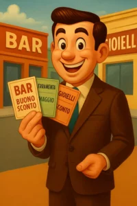 un disegno; una persona ha in mano; 3 buoni sconto di negozi vicini;