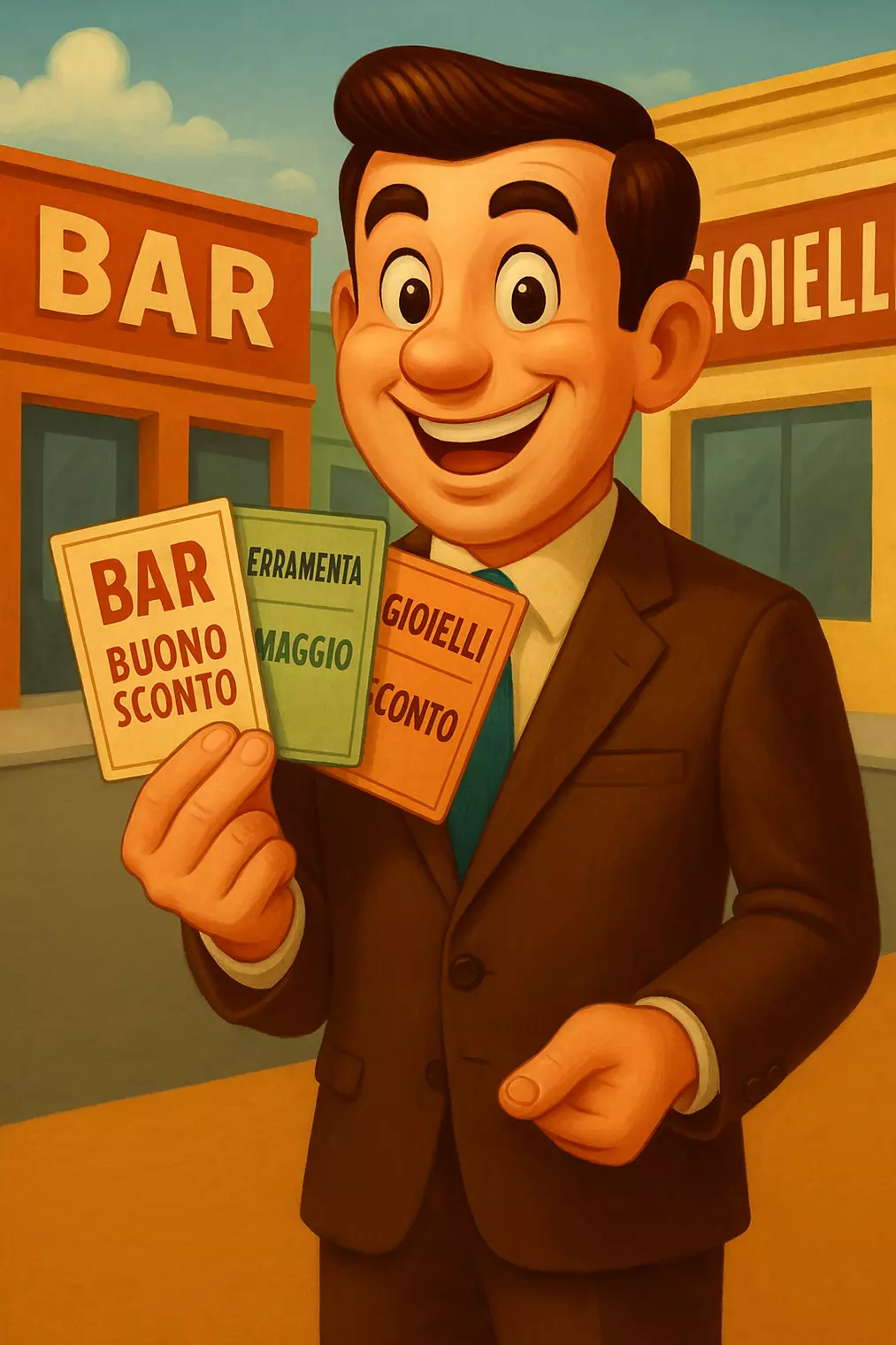 un disegno; una persona ha in mano; 3 buoni sconto di negozi vicini;