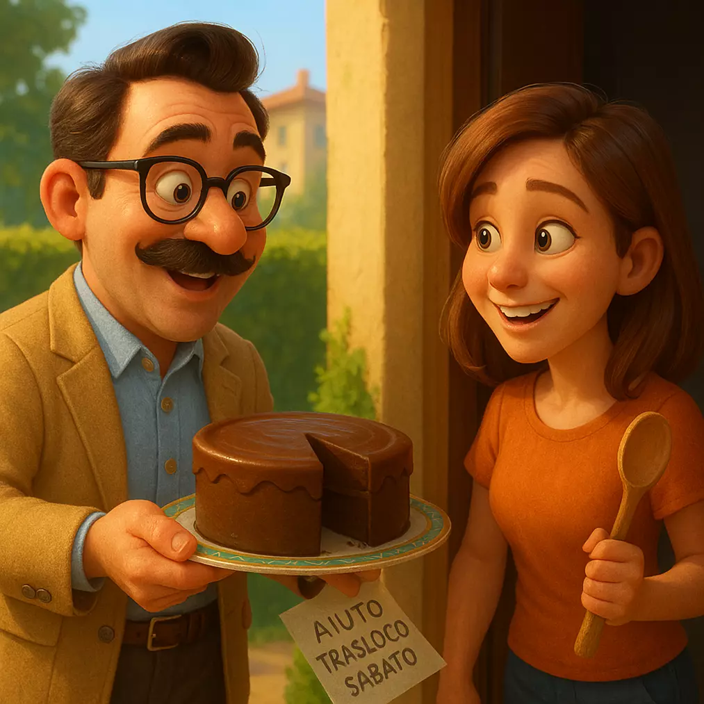 Disegno; cartoon; uomo regala una torta; signora ringrazia;