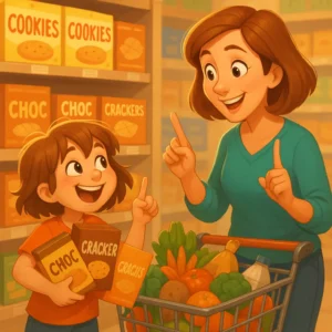 disegno; anni 50; mamma che fa scegliere alla bambino cosa tenere di biscotti: