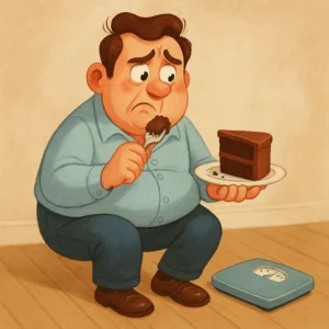 omino; fetta di torta; bilancia; senso di colpa;