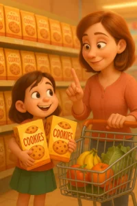 disegno; bambina biscotti; mmamma; carrello spesa;