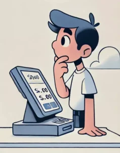 disegno; persona alla cassa; prezzo in centesimi;