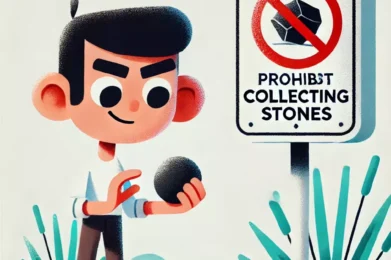 Disegno; persona raccoglie una pietra con divieto;