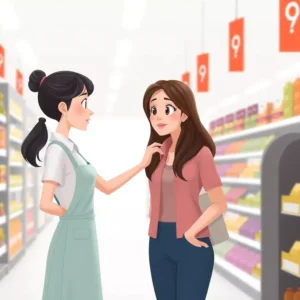Disegno; una ragazza venditrice tocca una cliente; Supermercato;