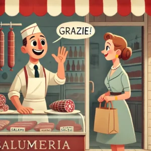disegno; anni 60: negoziante; grazie; cliente;