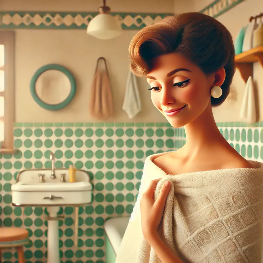 disegno, donna e asciugamano; stile anni 60;