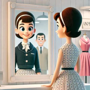 disegno; ragazza si specchia per un vestito;