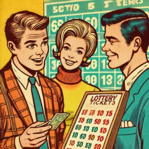 disegno; ragazzo vende biglietti lotteria; stile anni 60;