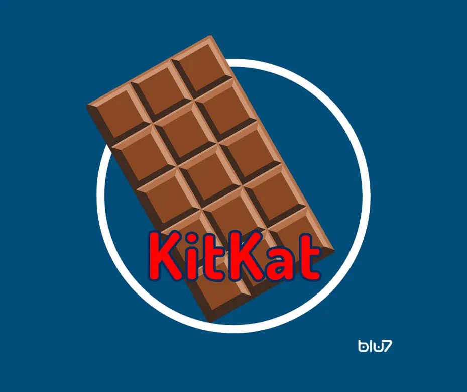 tavoletta di cioccolato KitKat; scritta KitKat rossa; cerchio bianco; fondo blu