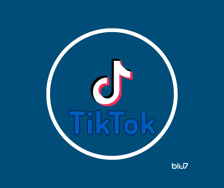 logo TikTok; nota musicale stilizzata; scritta TikTok; cerchio bianco; fondo blu