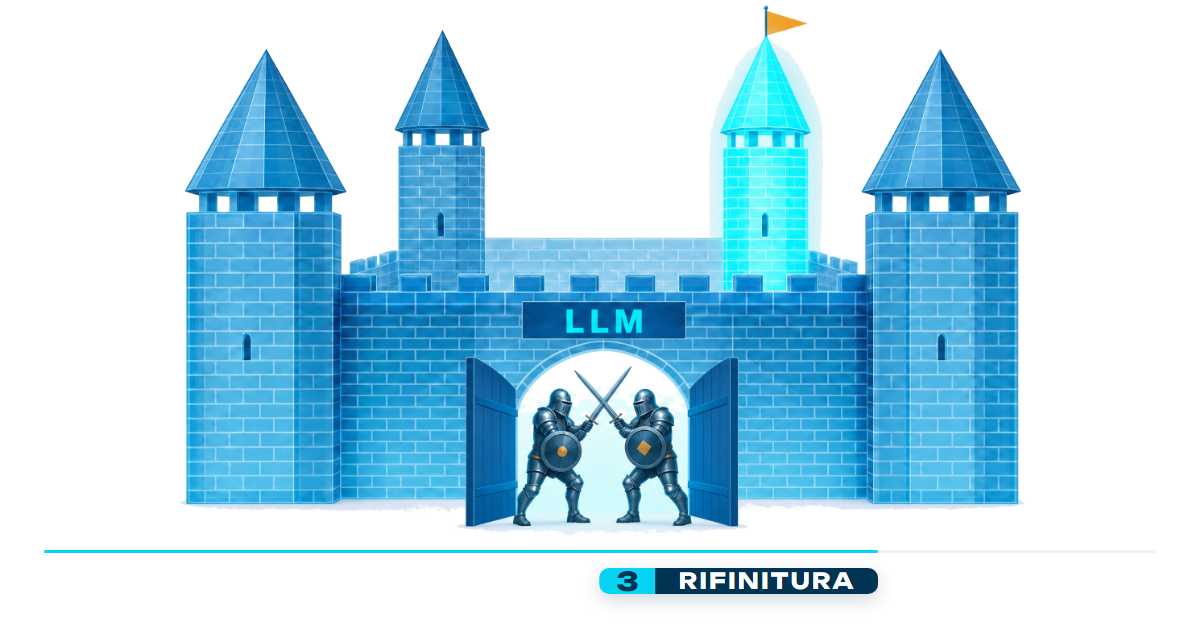 Castello di vetro blu con la scritta LLM: la torre della rifinitura è illuminata e due cavalieri in armatura duellano dentro il portone aperto