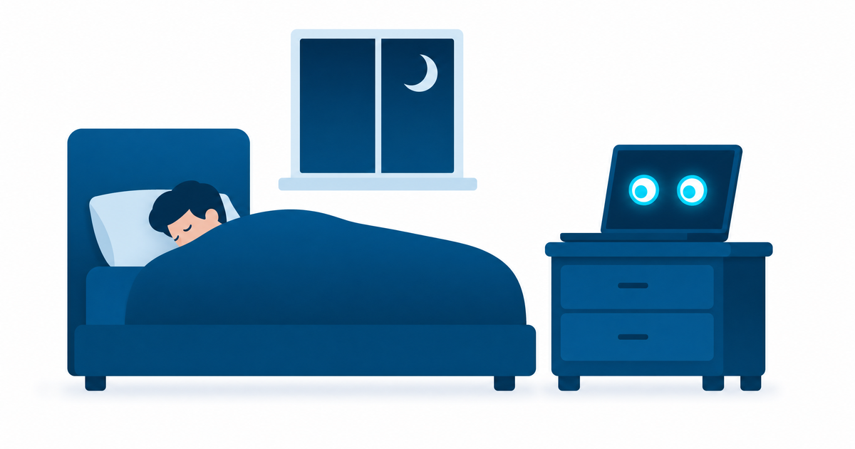 camera da letto; notte; persona che dorme; portatile; occhi luminosi; agente di IA