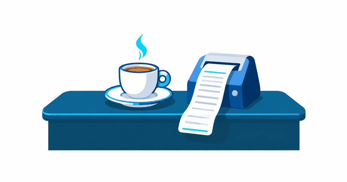 tazzina di caffè; piattino; bancone; scontrino lungo; stampante di cassa